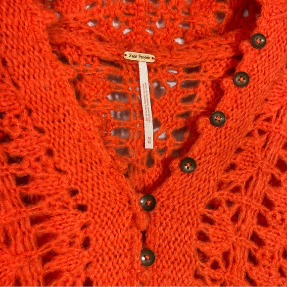 Free People Hooded Open Knit Dolman Sweater Orange Wool Blend Crochet Pullover M - Picture 8 of 16